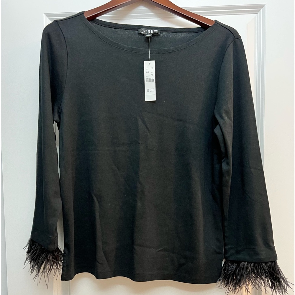 NWT - Feather-trim long-sleeve shirt Black sz Medium!
